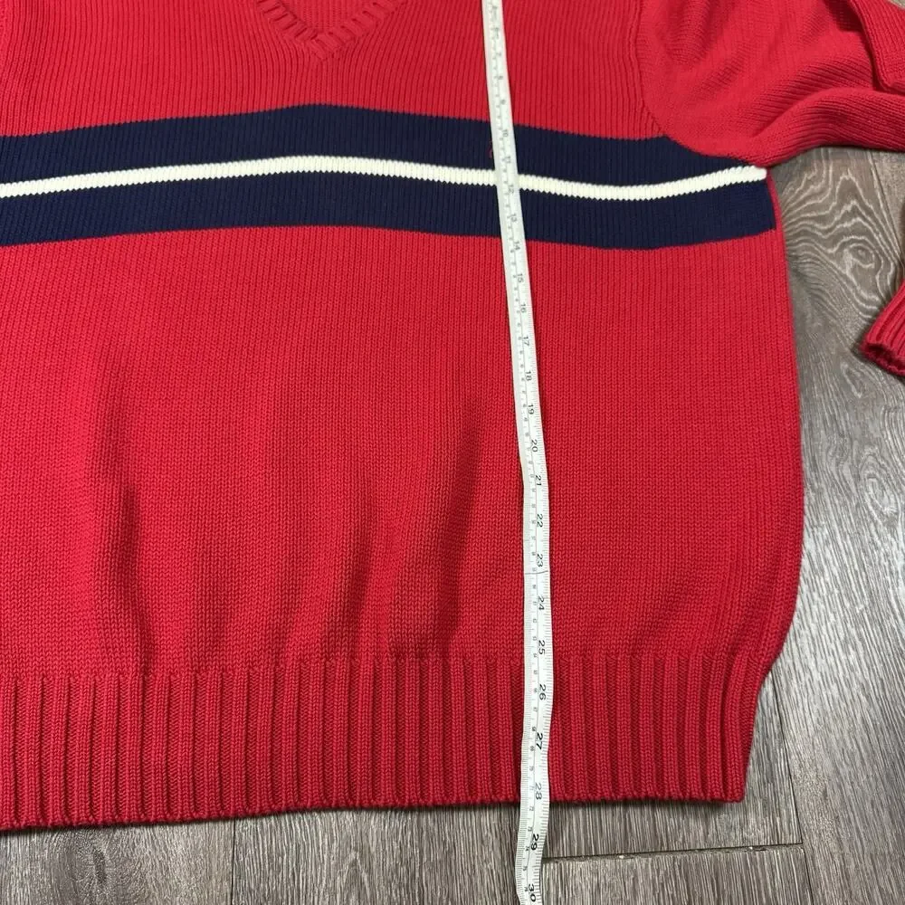 Vintage 80s Polo Ralph Lauren V Neck Cotton Sweater Striped Red Blue Men's XXL